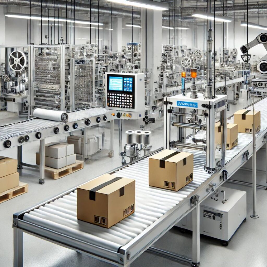 ramelie-A-modern-industrial-packaging-and-wrapping-station-featuring-automated-machinery-wrapping-products-with-protective-film-and-sealing-boxes.-The-setup